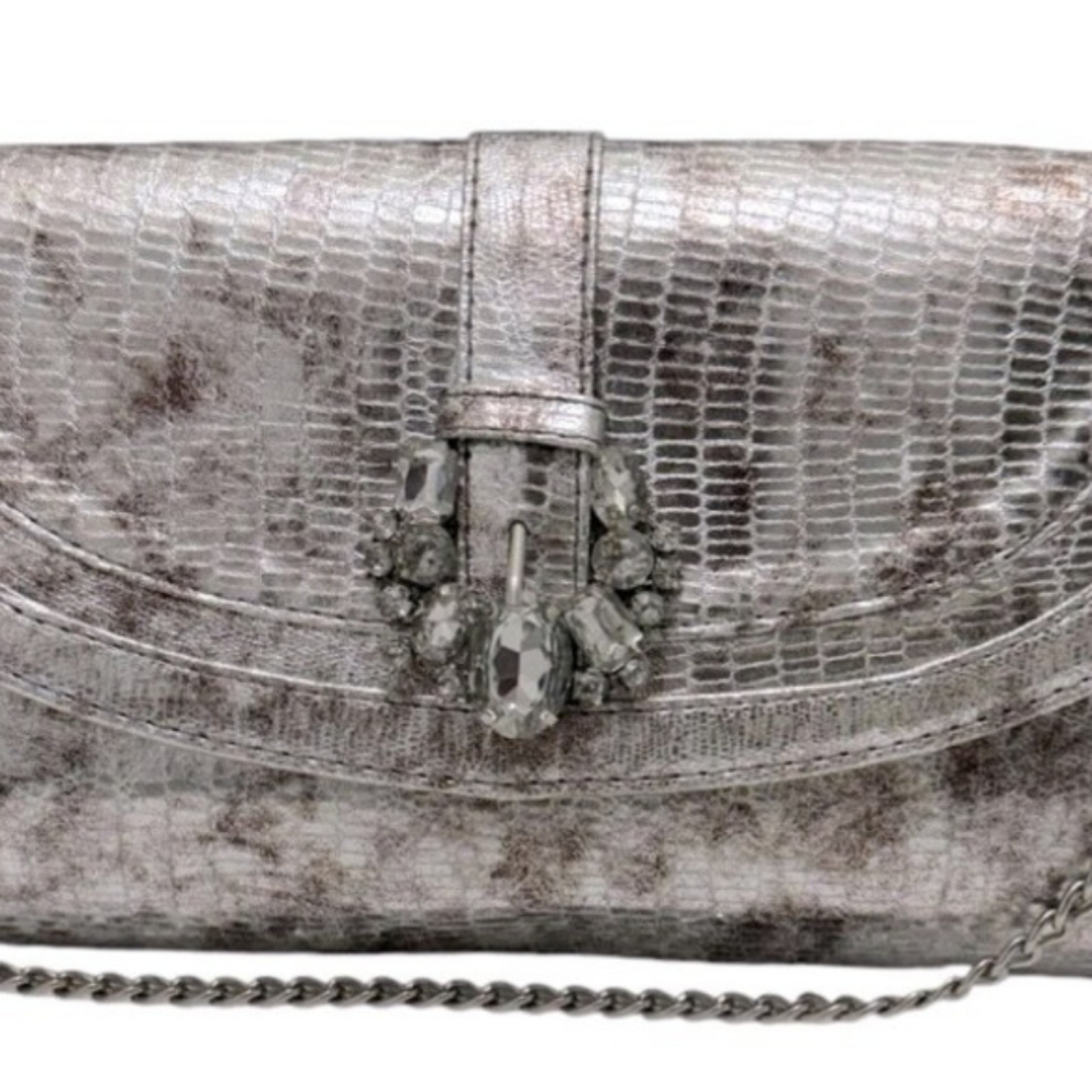 Elegant Silver J. Renee' bejeweled clutch with a chain shoulder strap.